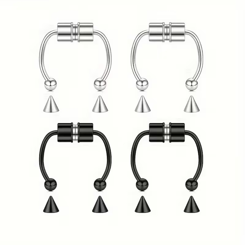 Magnetic Fake Septum Nose Ring Faux Piercing 4 Rings With Replacement Spike Tips